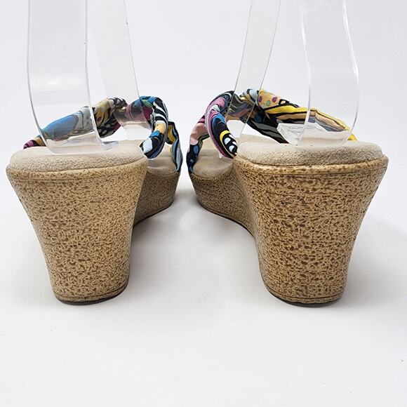 Island Slipper Wedge Women 8 Colorful Pink Black Fabric with Gold Ring Comfort - Picture 6 of 10